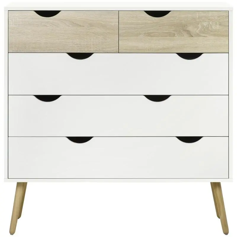 5-drawer chest, Scandinavian design, bedroom storage unit, particle board, 99 x 39 x 101 cm, white with light oak effect