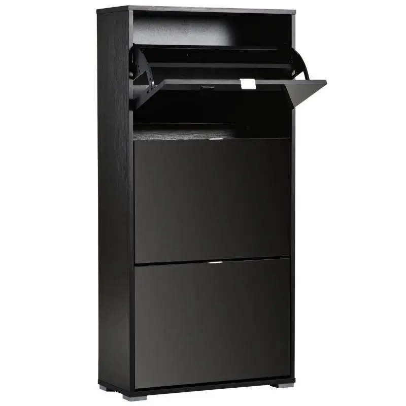 Shoe Cabinet with 3 Drop-Down Doors, Black