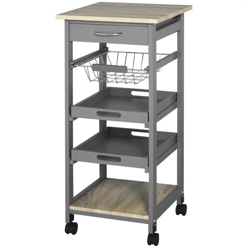 Kitchen Service Trolley with Basket and 2 Trays