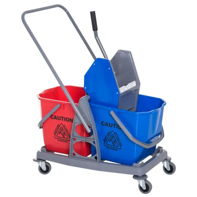 Professional cleaning trolley with jaw press, 2 x 25L buckets, 73L x 45W x 92H cm, grey, blue, and red plastic