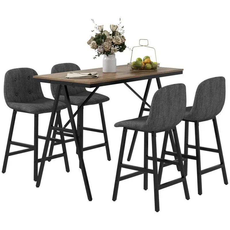 Bar set, 5-piece, table and 4 chairs, button tufting, thick upholstery, linen look, dark grey