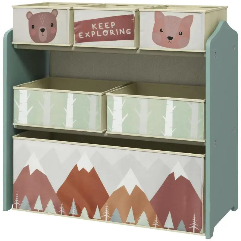 Children wardrobe with 6 fabric boxes, cute design, 63x30x66 cm, green