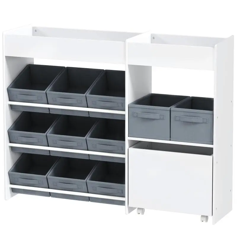 Children''s storage shelf, toy cabinet for children with 11 fabric boxes, top compartments, white