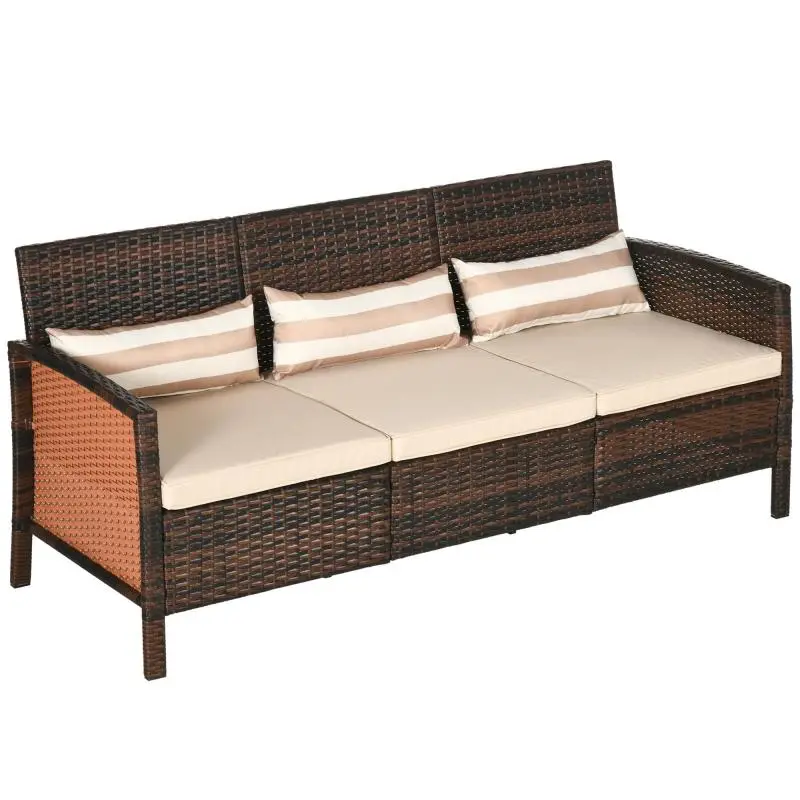 Rattan sofa with cushions, three-seater, garden lounge sofa, steel, brown, 173 x 68 x 78 cm