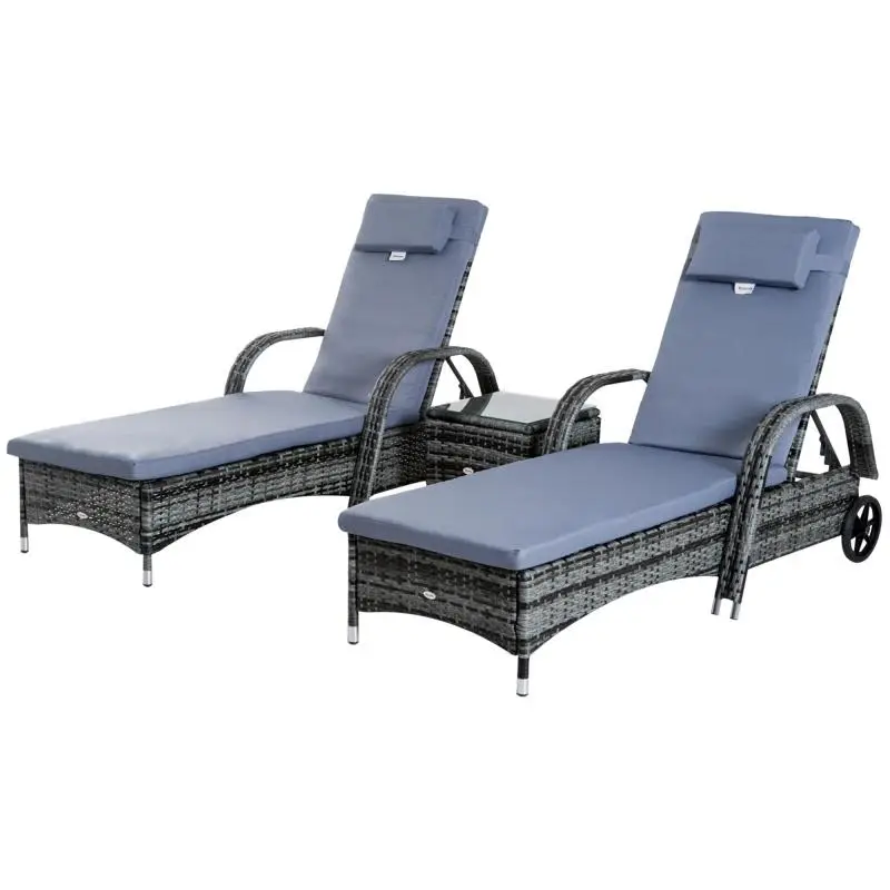 3-Piece Garden Sun Lounger Set with Table, Grey