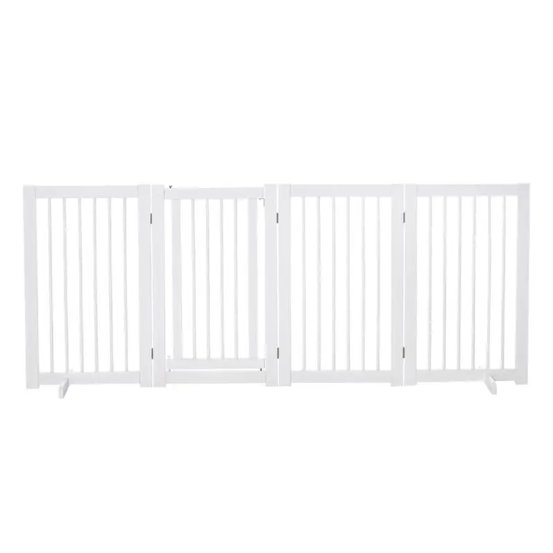 Freestanding Wooden Dog Barrier with Door, 4 Panels