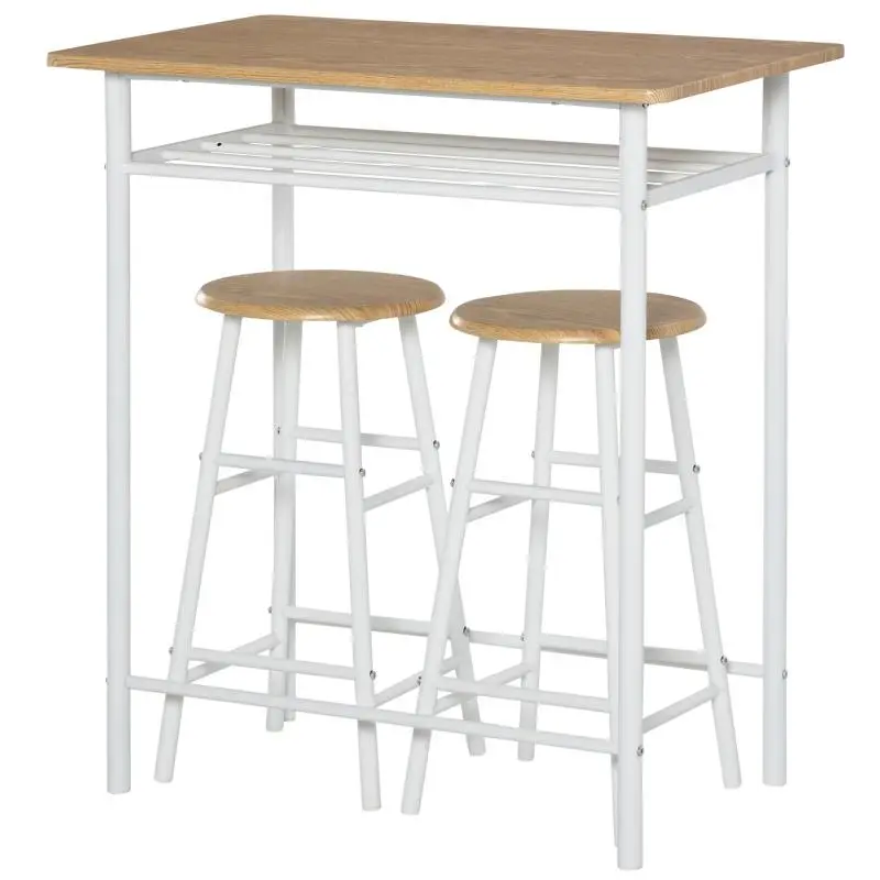 Bar Table Set with 2 Stools and Storage Shelf