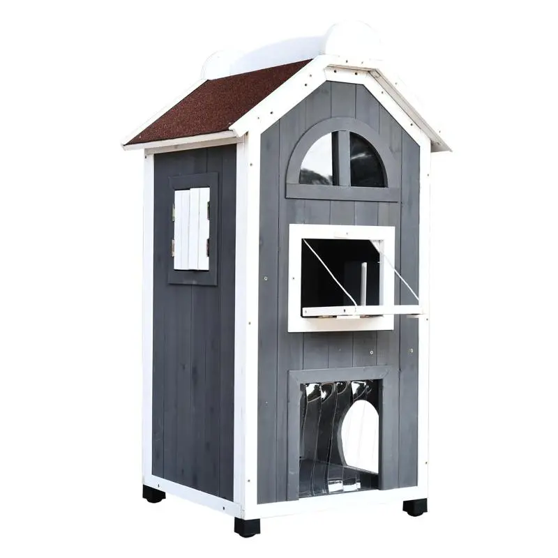 2-Storey Fir Wood Cat House, Grey, 59 × 55 × 109 cm