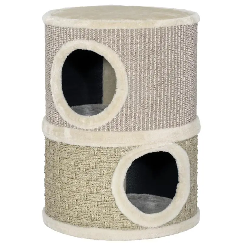 Scratching barrel, 49 cm high, ?35.5 cm, two-story cat barrel with plush rim, scratching mat, 2 caves, khaki+coffee