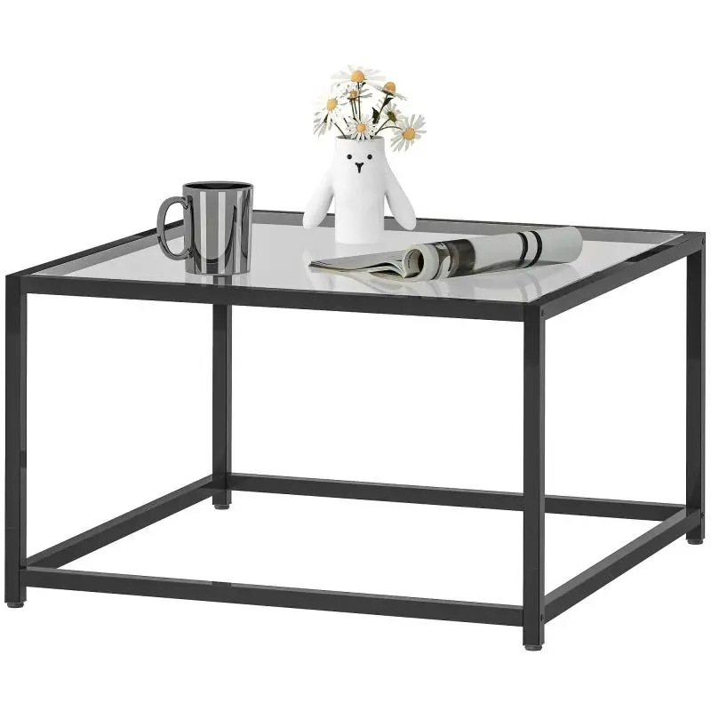 Square Side Table with Tempered Glass Top, Black, 68 cm