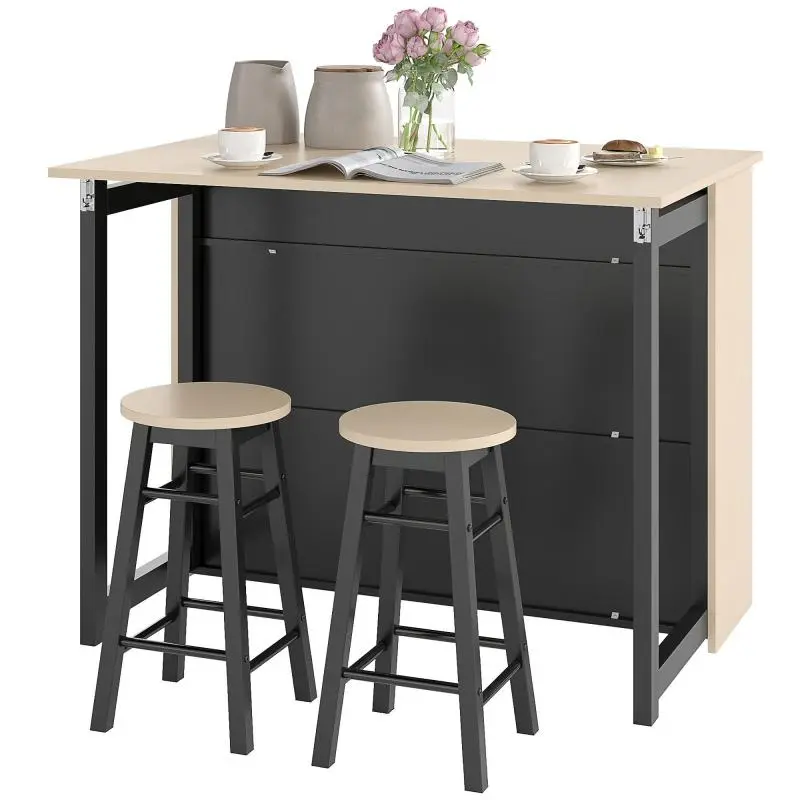 3-piece bar set, bar table with folding tabletop, 2 bar stools, 6 storage compartments, black+oak, 116 x 70 x 89.5 cm
