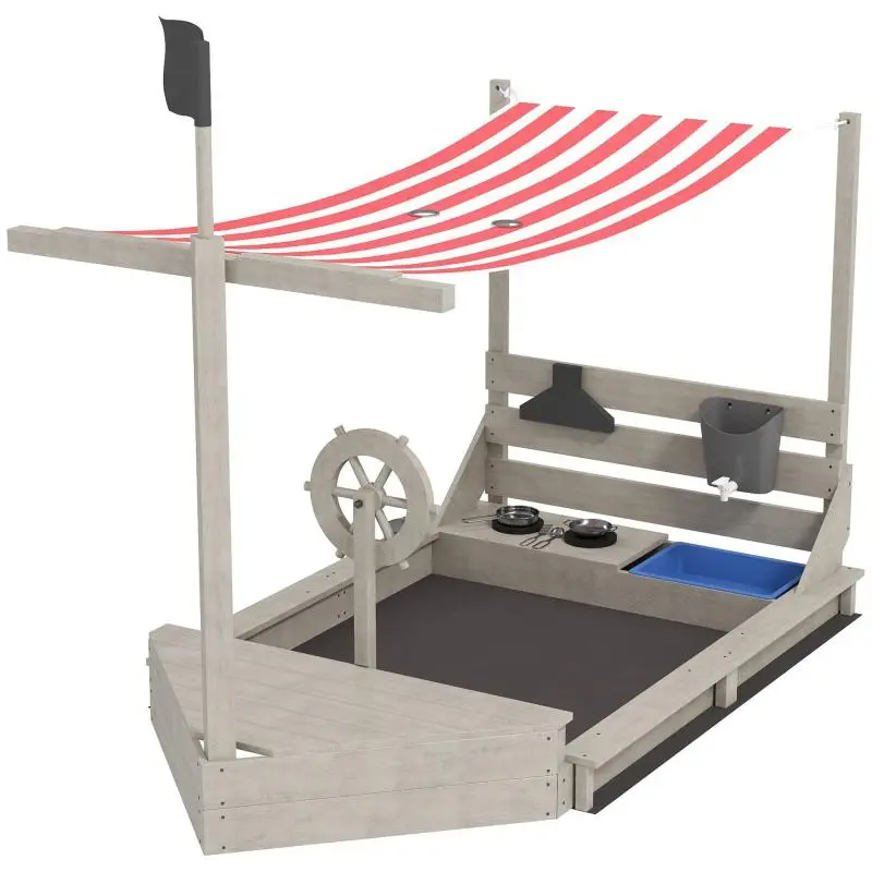 Pirate Ship Sandbox with Sun Canopy and Play Kitchen Set