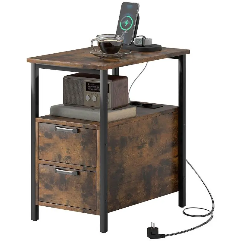 Side Table with Charging Station and 2 Drawers