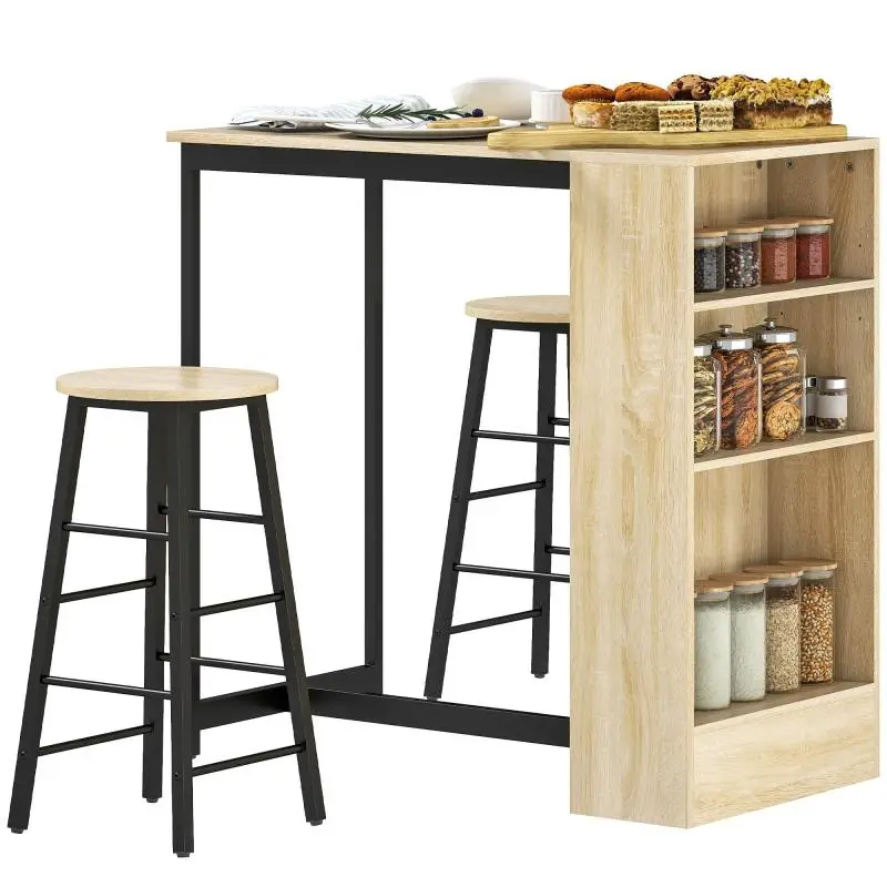 3-piece bar table set, 1 counter, 2 chairs, with storage space and footrests, space-saving, light brown + black