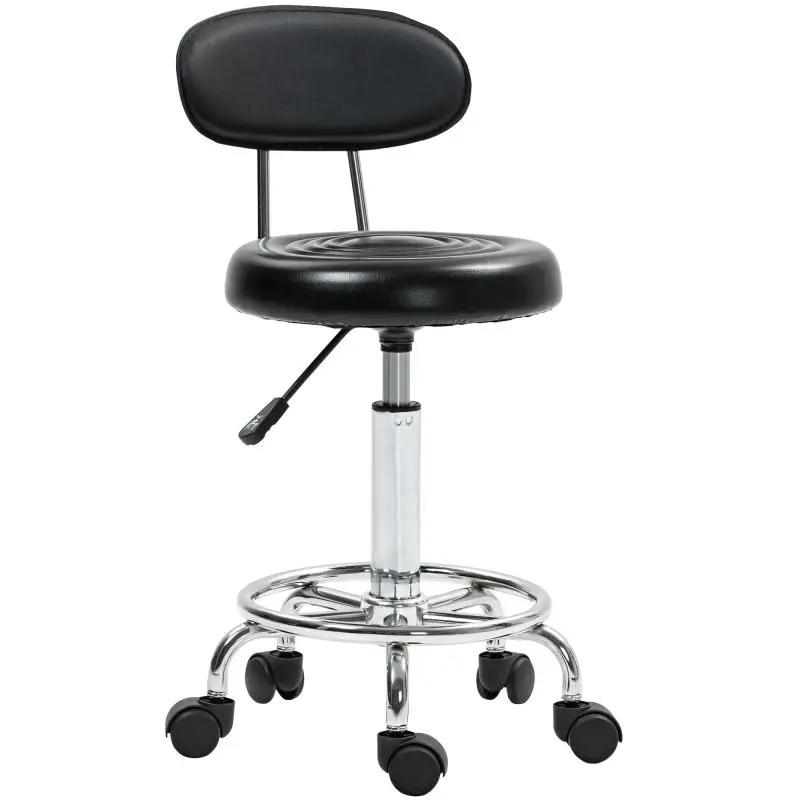 Rolling stool, swivel and adjustable stool with backrest, faux leather cover, footrest, for dressing tables, black