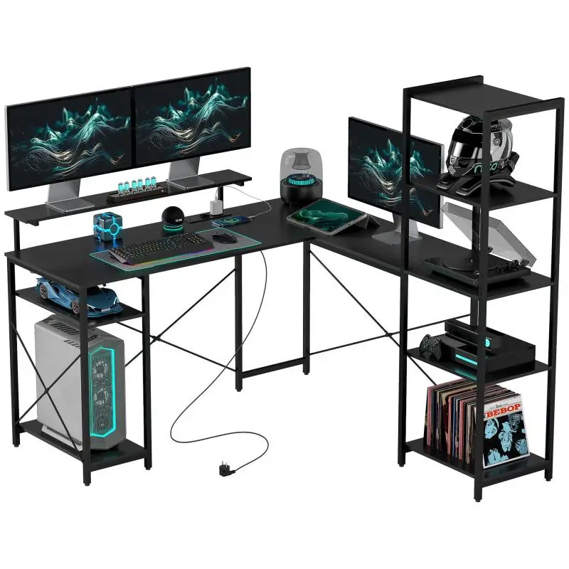 L-Shaped Desk with Charging Station and Shelves