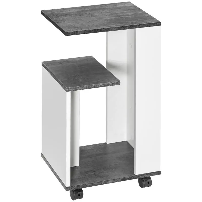 Mobile Side Table with 3 Shelves, Grey and White