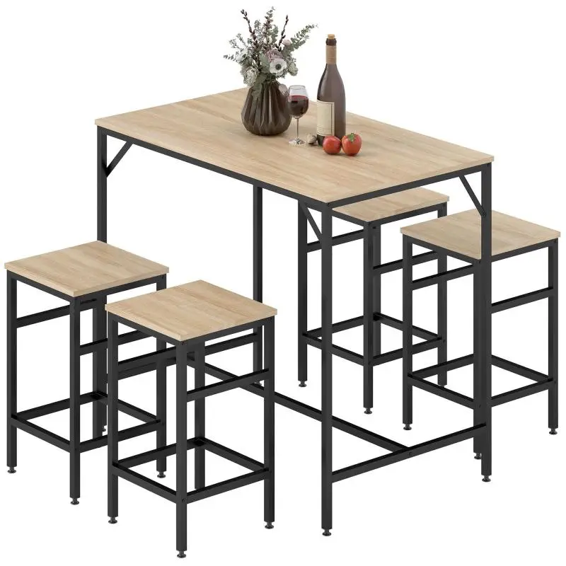 Bar Table Set with 4 Stools, Oak