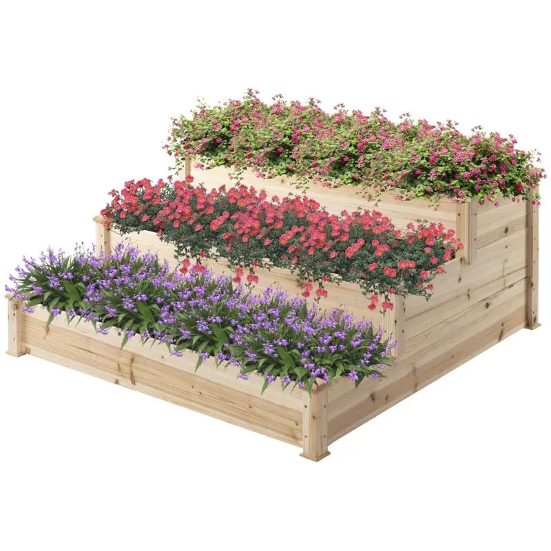 3-Tier Raised Garden Bed, Natural Fir Wood