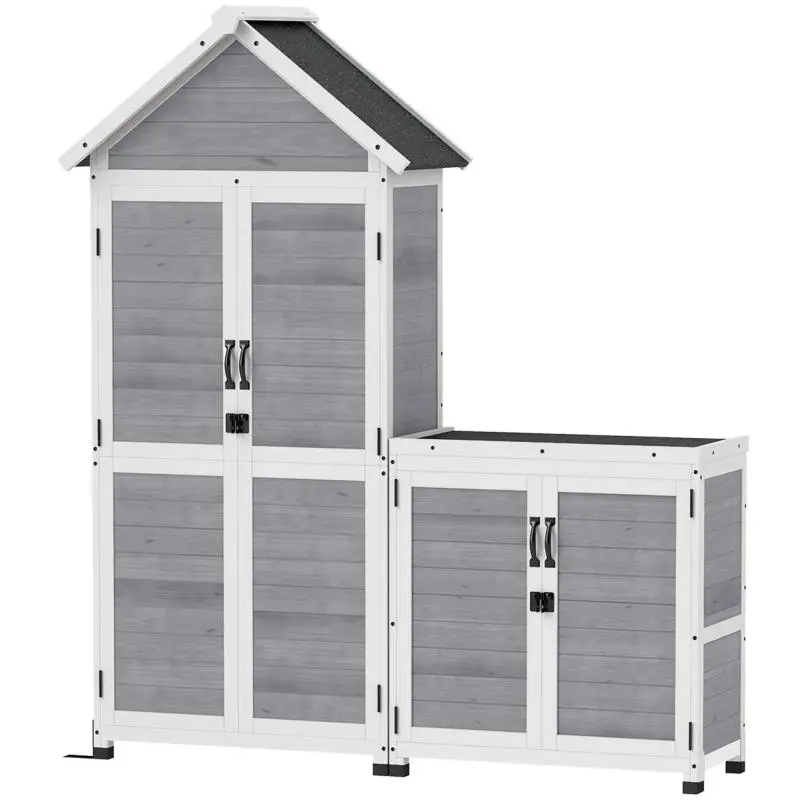 Garden shed with storage cabinet, adjustable shelves, lockable doors, waterproof, spruce wood, light grey