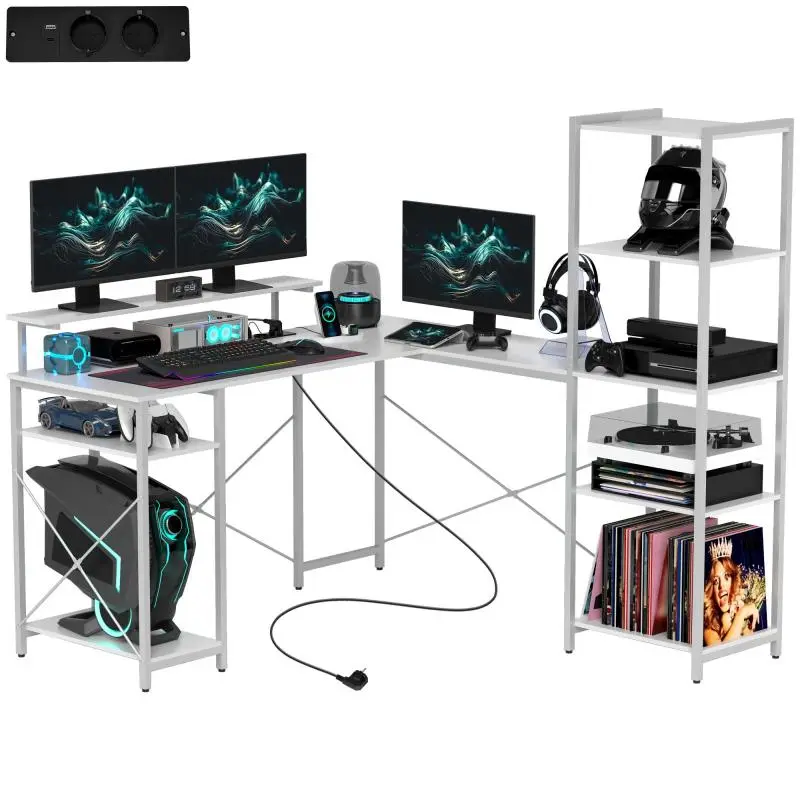 L-shaped desk with charging station, corner computer desk with monitor stand and shelves, for home office, office, white
