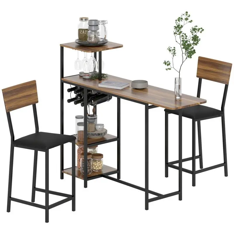 3-Piece Bar Table Set with Wine Rack, Brown