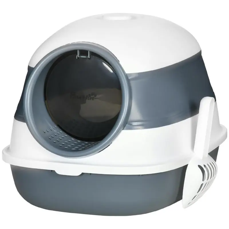 Cat Litter Box with Scoop, White and Grey