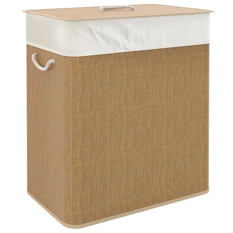 Bamboo Laundry Basket with Lid and 2 Compartments, 100 L