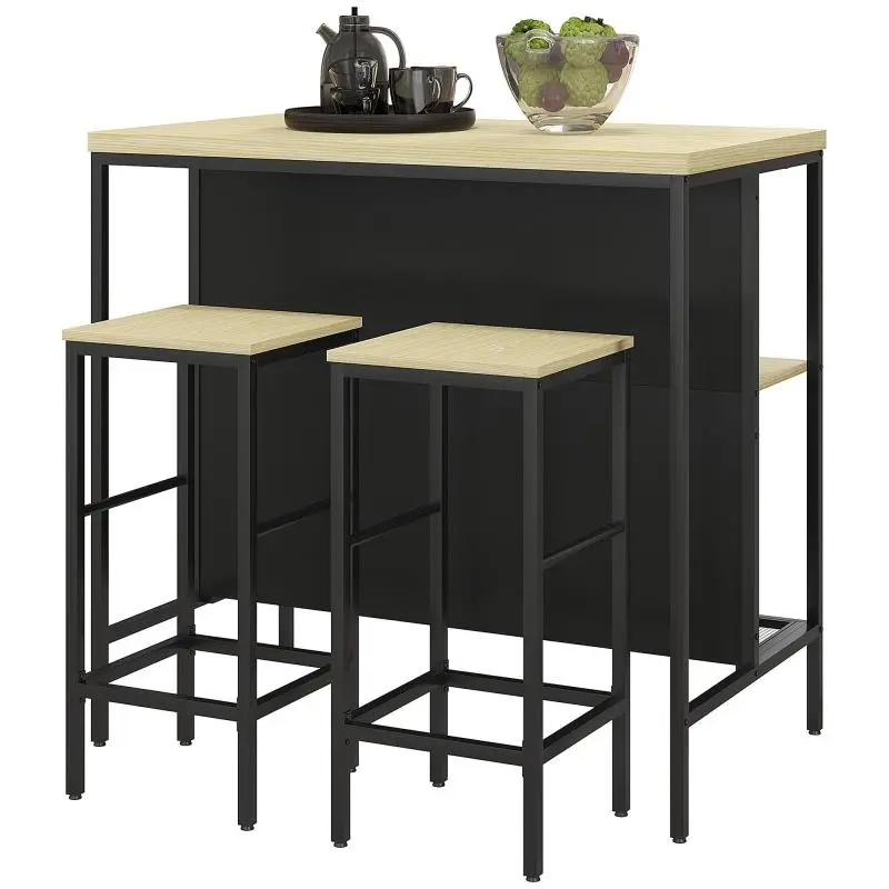 Bar Set with 2 Stools, 100 cm, Black and Oak