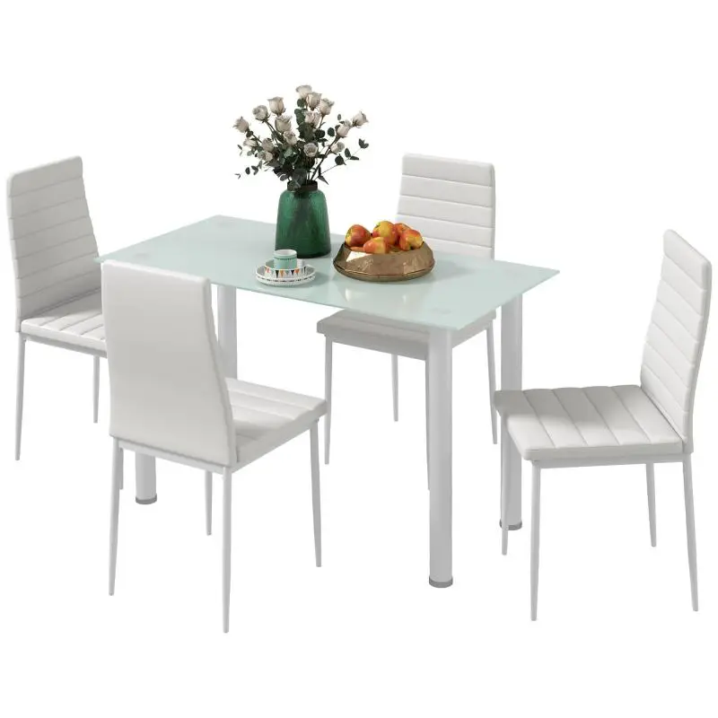 5-piece dining set, seating group, dining table with 4 chairs, modern design, glass table, white