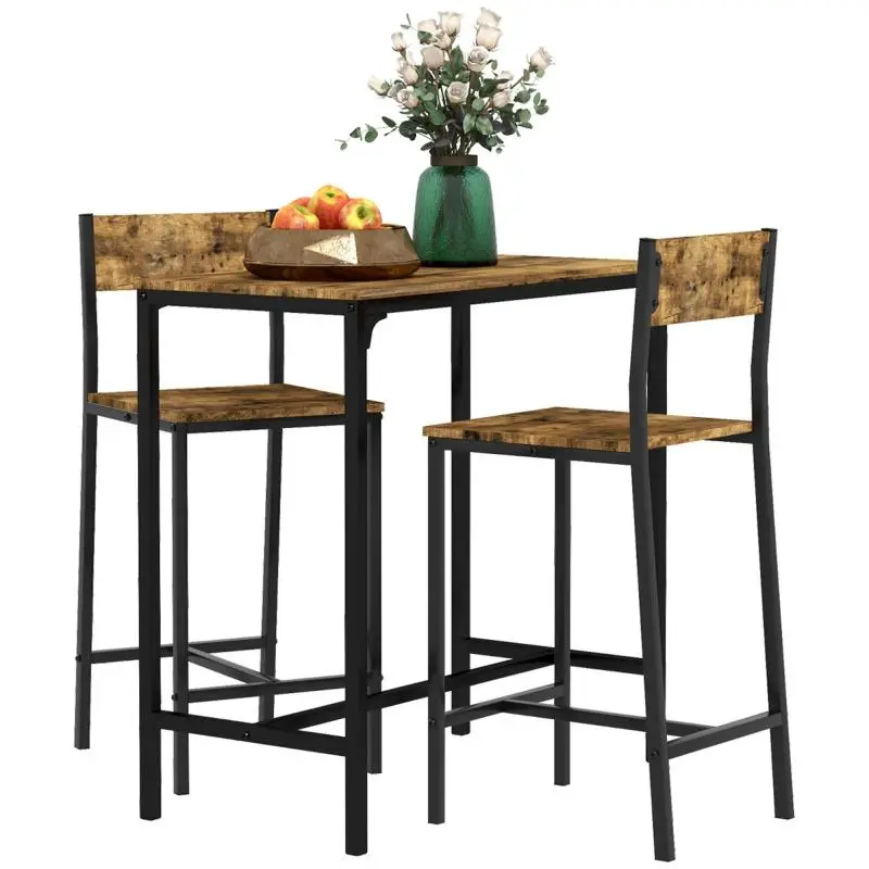 3-Piece Bar Set, High Table, 2 Chairs, MDF, Metal Frame, Water-Resistant, Brown