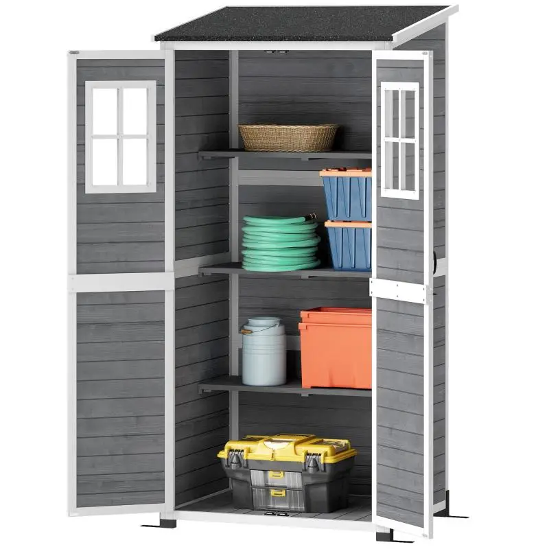 Garden storage shed, tool shed with 2 windows, ground anchors, asphalt roof, 91 x 69 x 192 cm, fir wood, light grey
