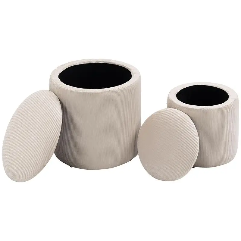 Set of 2 Storage Ottomans, Cream White