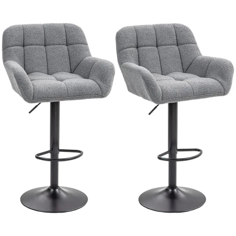 Bar stool set of 2, retro design, height adjustable, fleece look, grey + black
