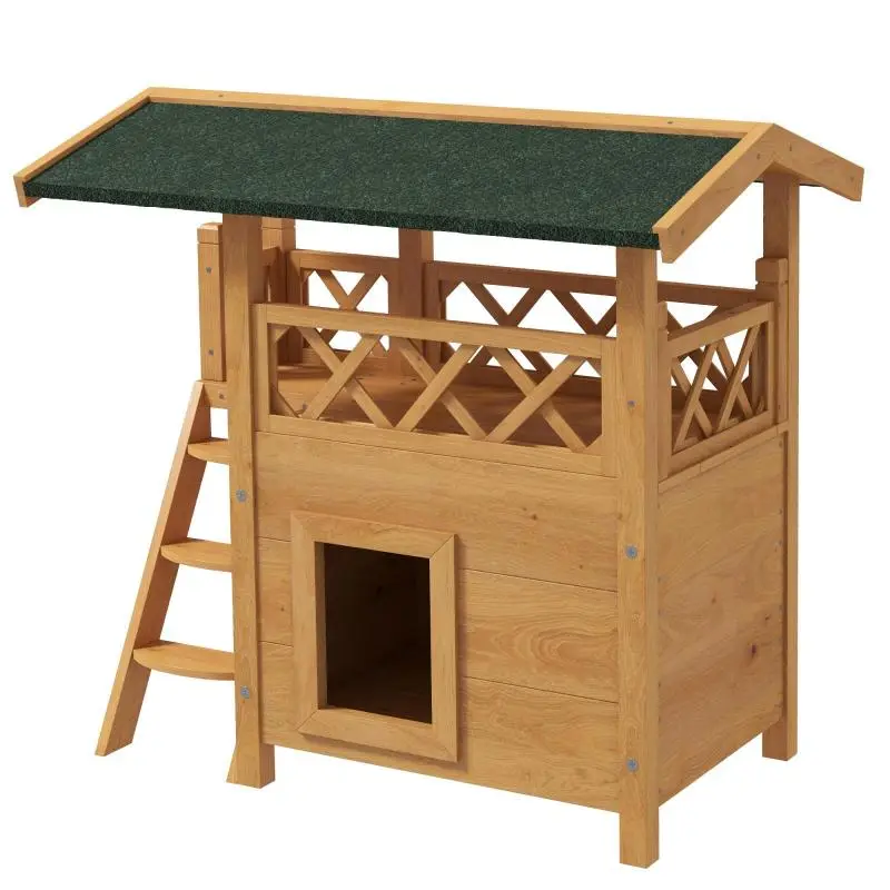 Two-Level Wooden Cat House with Roof