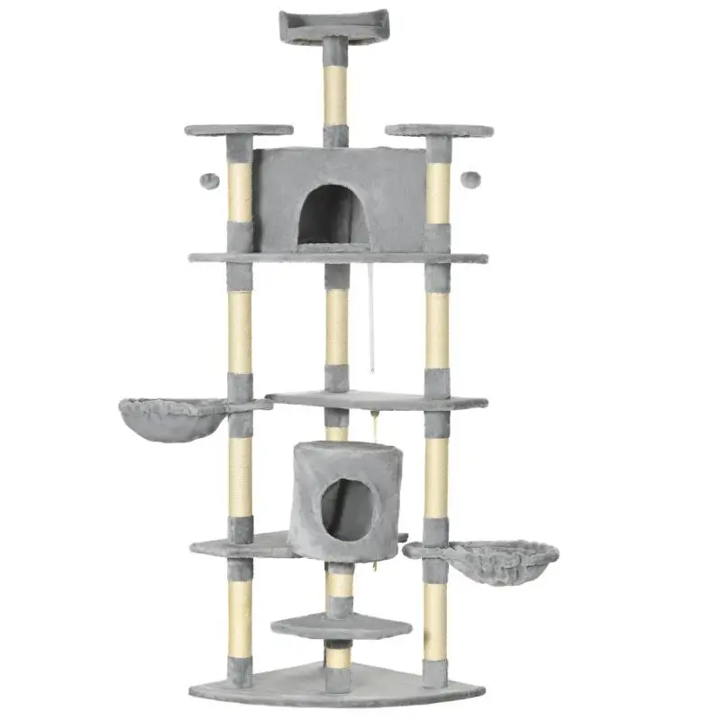 Cat Tree with 2 Hammocks and 2 Caves, Light Grey