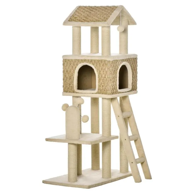 Cat Tree with Cave, 131 cm, Khaki and Beige