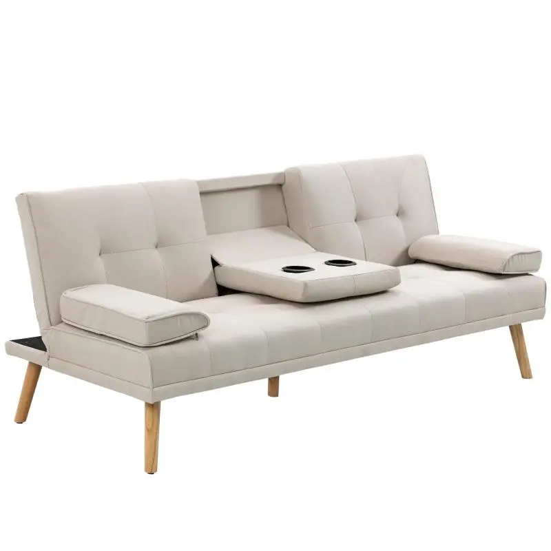 3-Seater Sofa Bed with Fold-Down Table, Beige