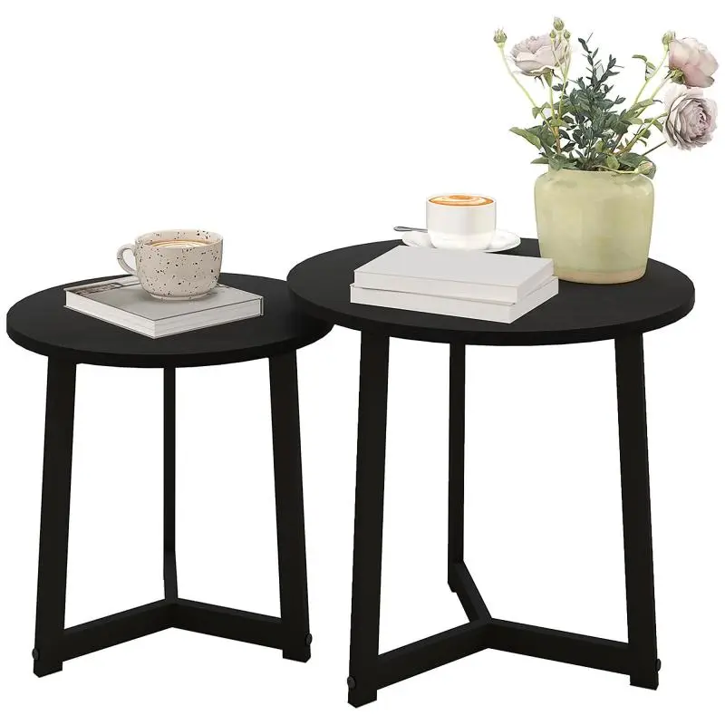 Modern coffee table set of 2, metal frame, MDF, round design, stackable, black