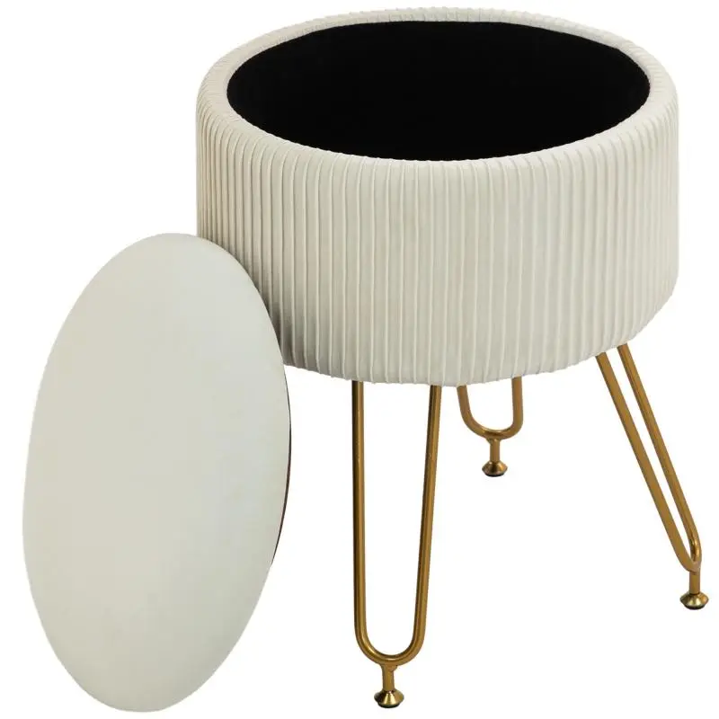 2-in-1 Storage Stool with Metal Legs, Cream White