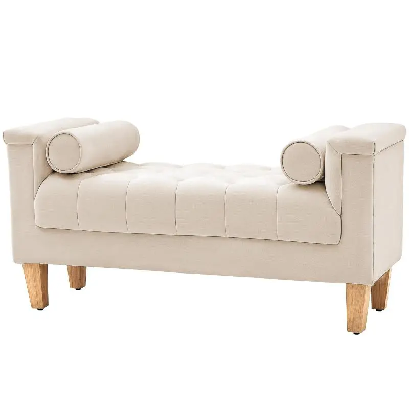 Upholstered Bench with 2 Cushions, 115 cm, Beige