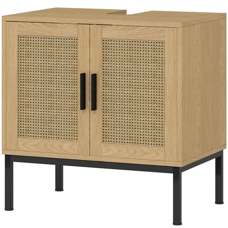 Bathroom Vanity Unit with Rattan Detail and U-Cutout