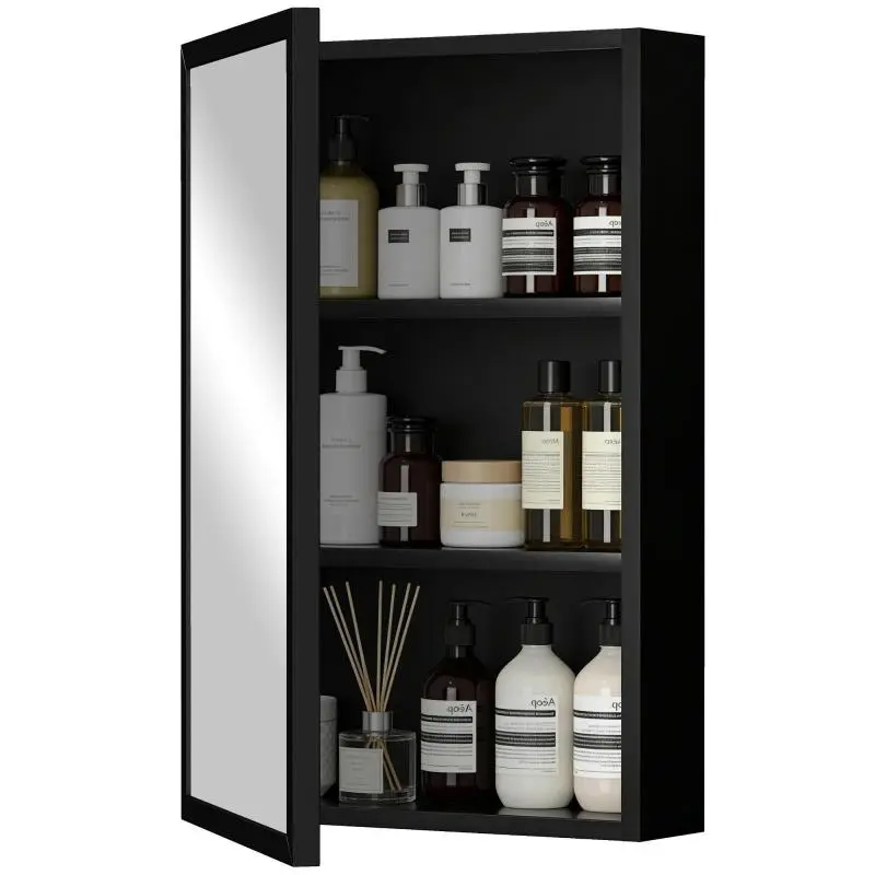 Mirrored Bathroom Cabinet, 3 Shelves, Black