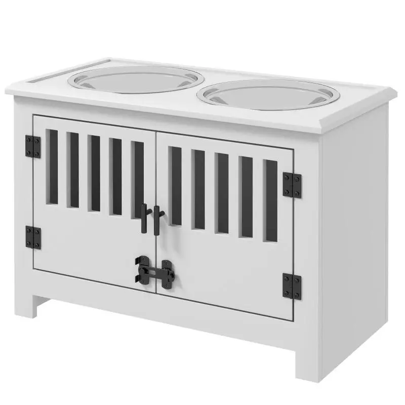 Elevated Dog Feeding Station with 2 Bowls, White
