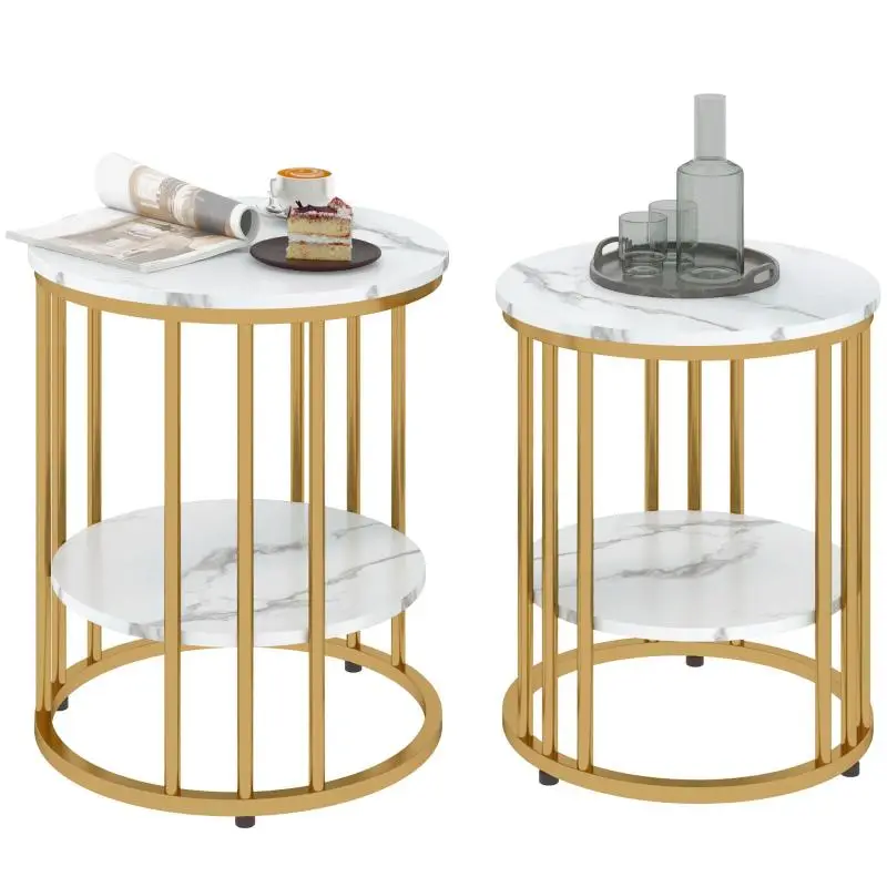 Set of 2 Round Side Tables with Storage, White