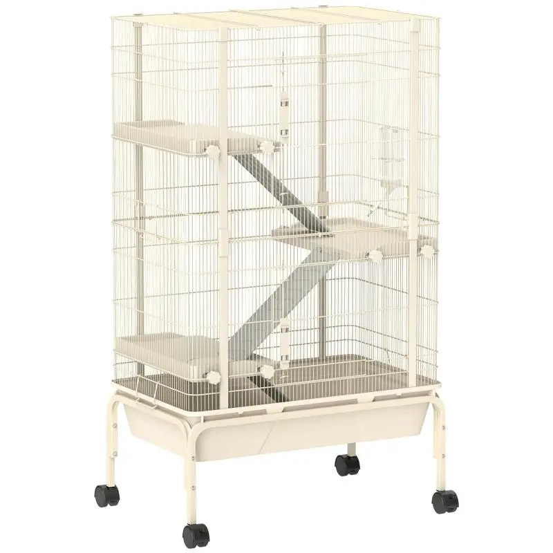 Small animal cage, pet cage with 4 levels, food bowl, water bottle, 88 x 48 x 150.5 cm, beige