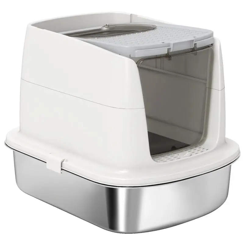 Enclosed Stainless Steel Litter Box with Scoop, White