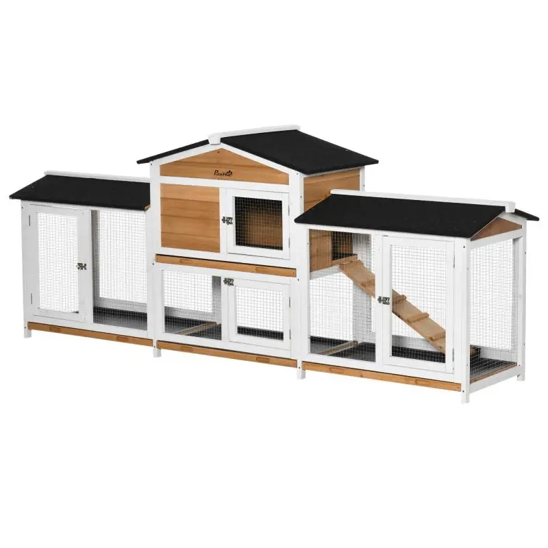 Small Animal Hutch with Outdoor Run Including Ramp, Asphalt Roof, Fir Wood, Black + White + Natural