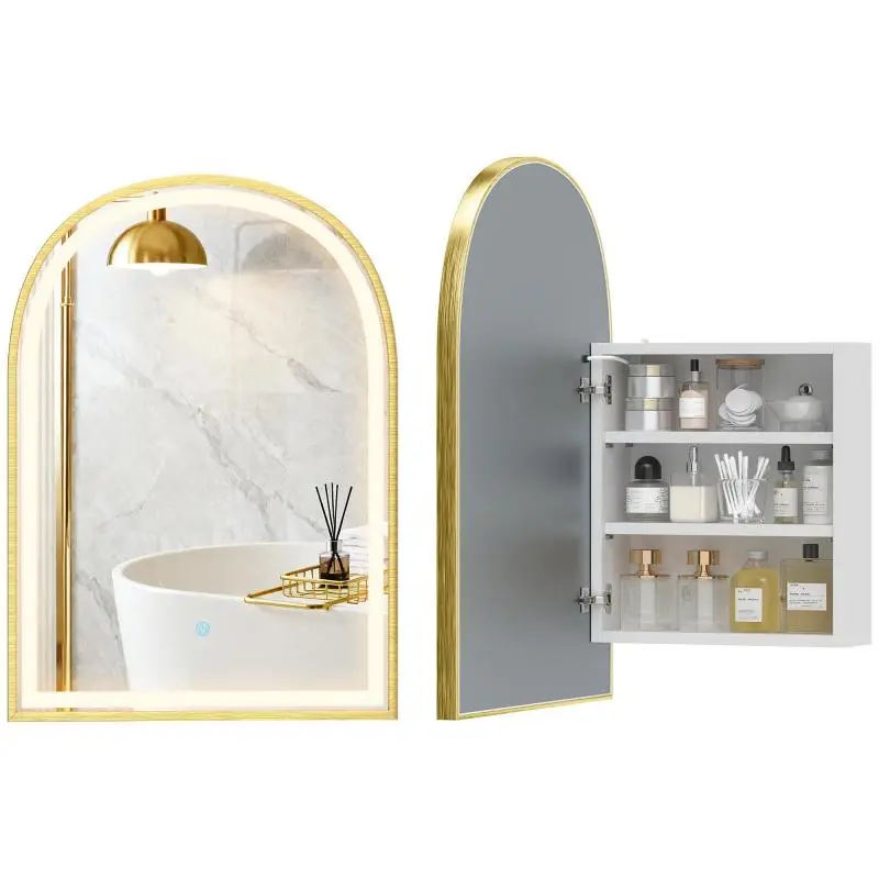 Bathroom wall cabinet with mirror and LED lighting, arched door, anti-fog, 50x14.5x70cm, gold