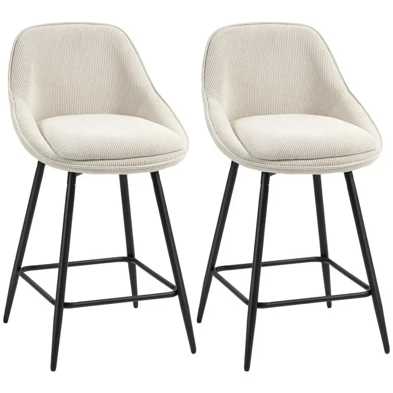 Set of 2 Corduroy Bar Stools with Backrest, Cream